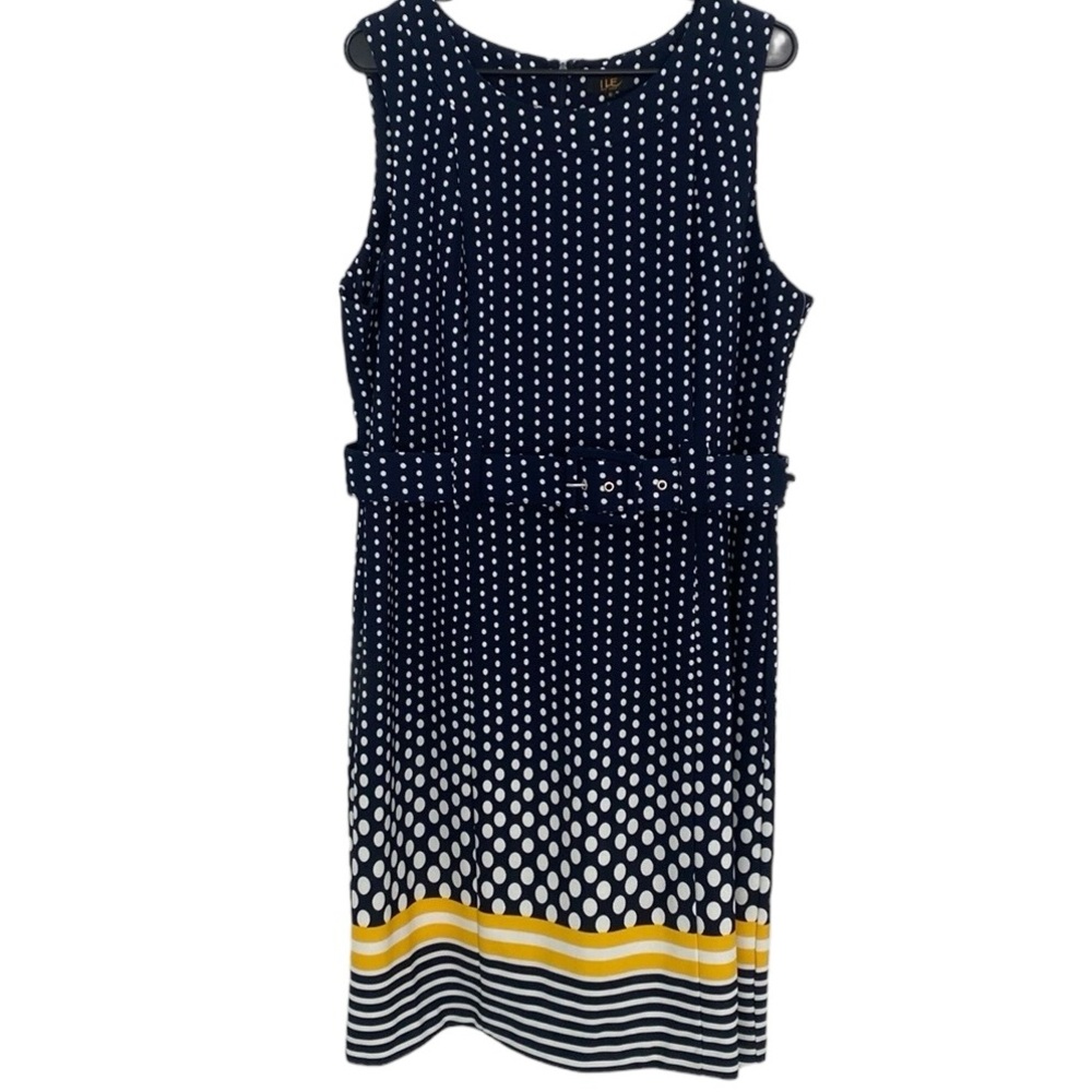 ILE NY Sleeveless Navy Yellow Polkadot Belted Dress